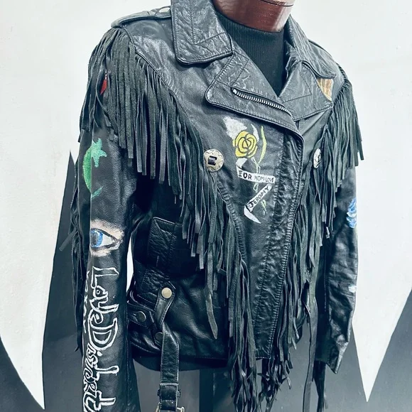 Guns ‘n Roses, One of a Kind, Hand Painted Vintage Black Leather Fringe Jacket